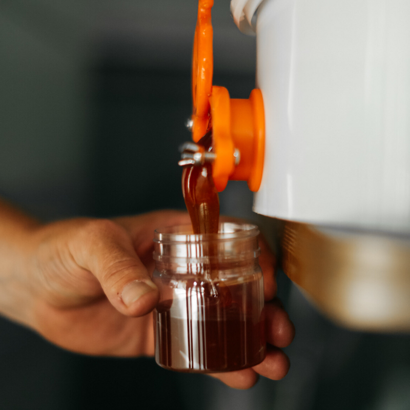 filling up pure honey in a container jar
